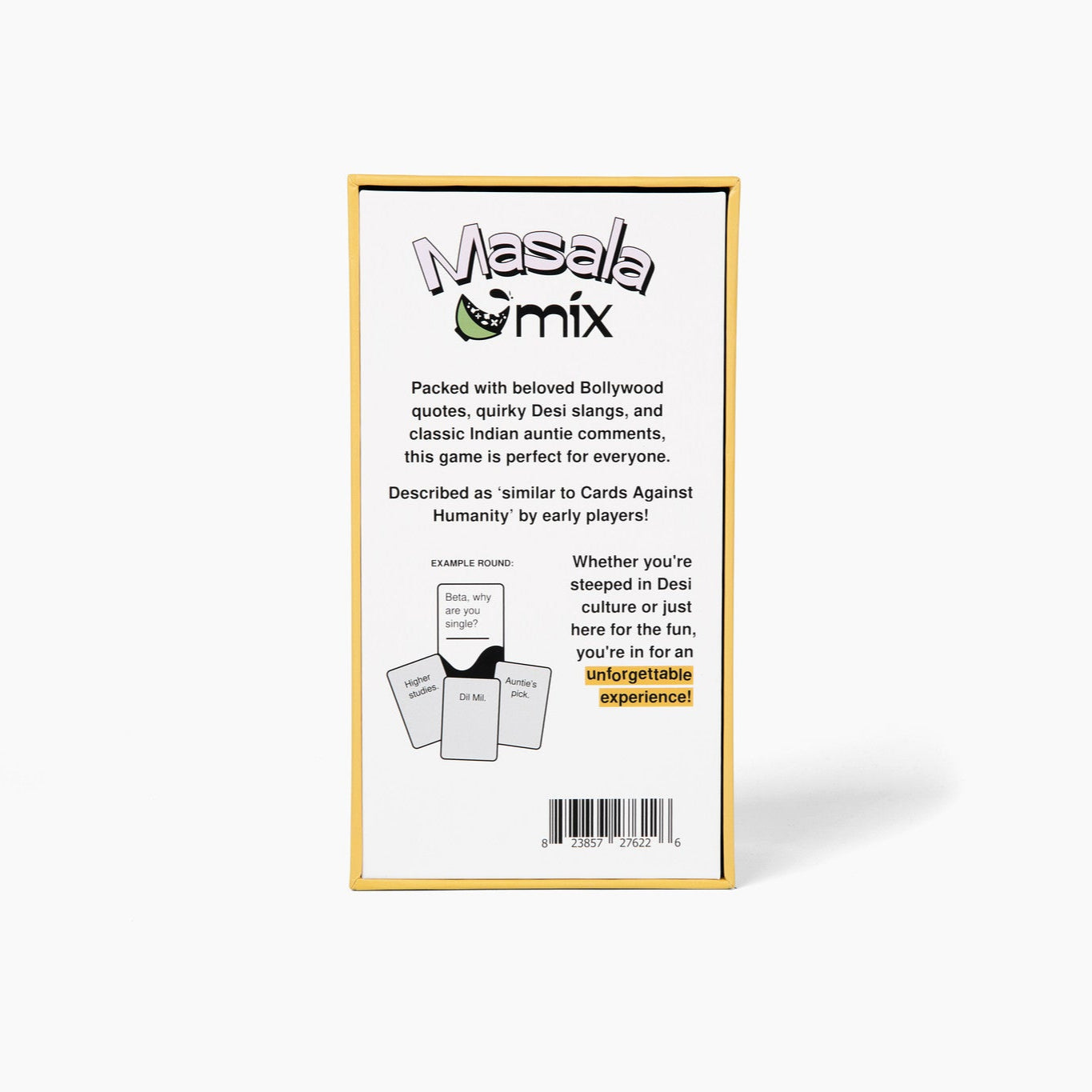 Back view of the Masala Mix Game box. Describes about the game and has an image of an example round.